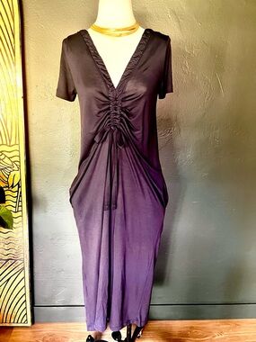 COS Dark Navy V-Neck Ruched Midi Dress with pockets, Sz. XS